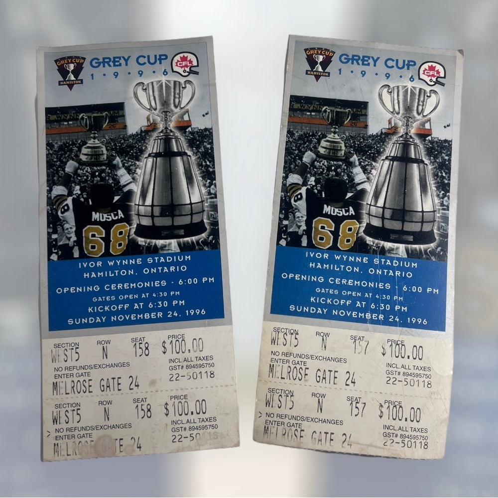 Hamilton CFL Grey Cup Pair of‎ Un-torn Tickets 1996 Eskimos vs Argonauts Win